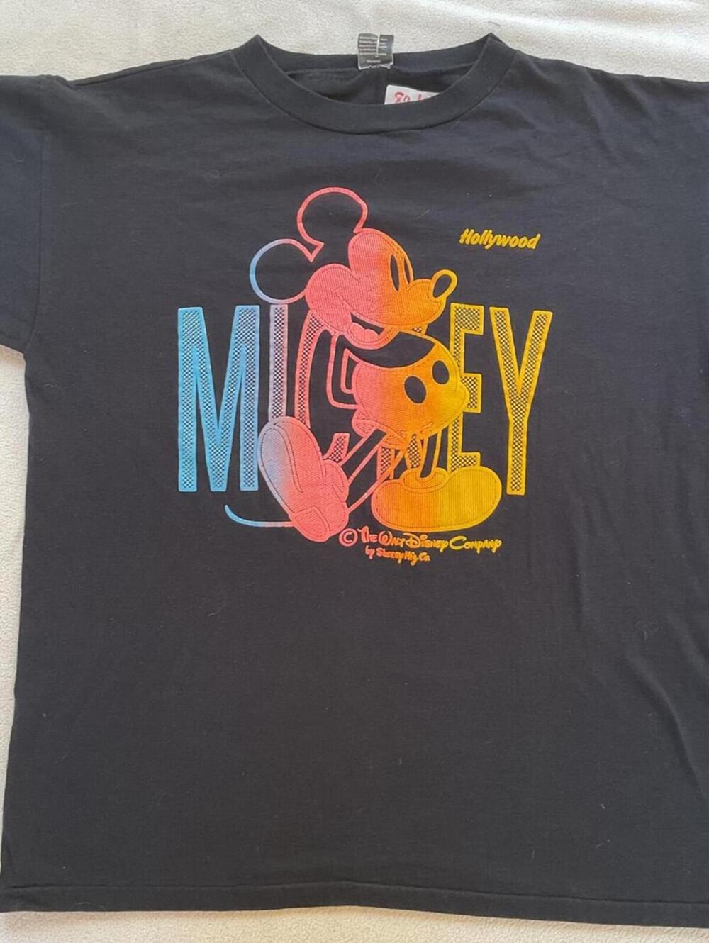Vintage 80s Mickey Mouse Hollywood Tee  Neon Puff Print Sherry Excellent XL